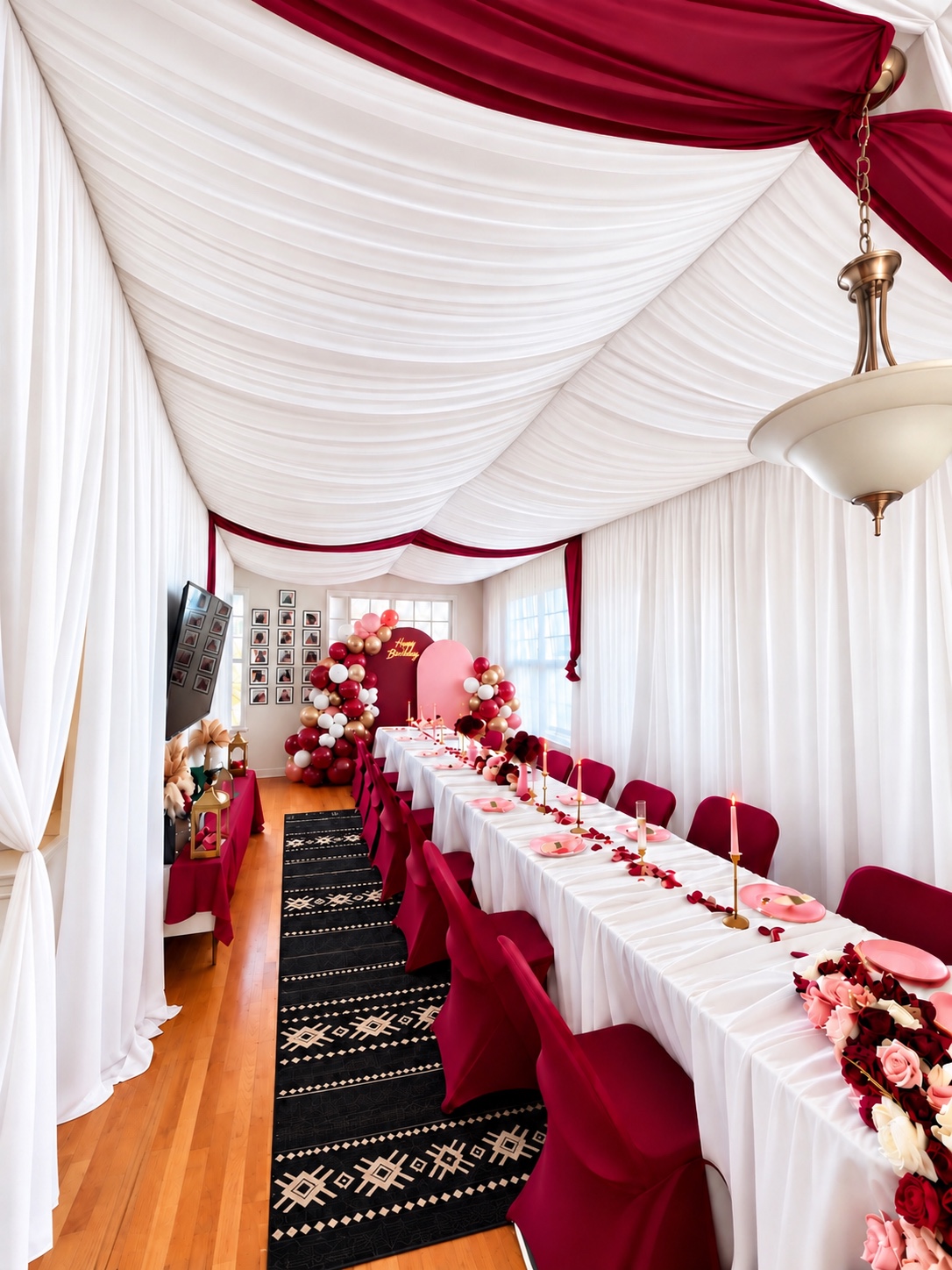 White ceiling draping and burgundy chairs around a long celebration table