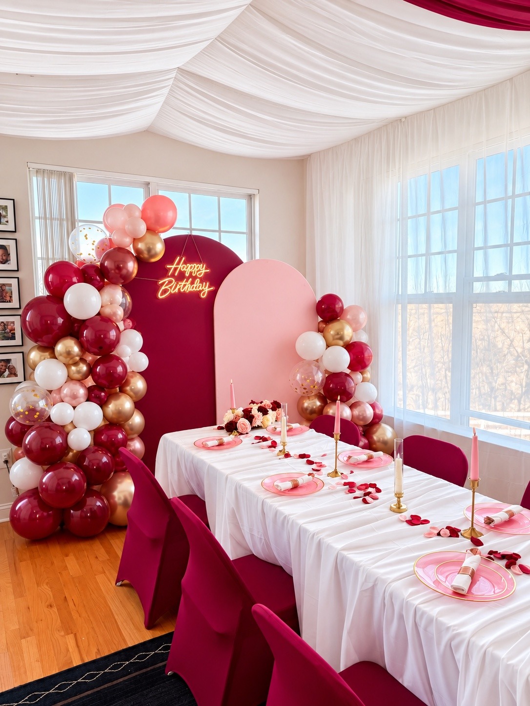 Burgundy and blush birthday balloon garlands with a beautifully styled table